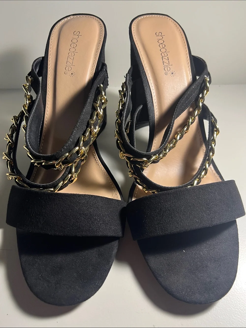 Shoe Dazzle Women’s Black Slide Sandals with Gold Chain Straps